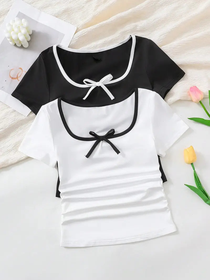 2pcs Tween Girl Casual Simple Comfortable Contrast Binding Bow Decor U-Neck Square