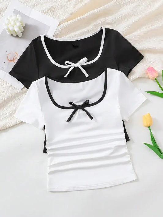 2pcs Tween Girl Casual Simple Comfortable Contrast Binding Bow Decor U-Neck Square