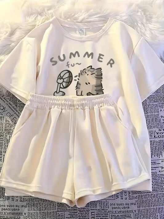 Girls' Summer Casual Two-Piece Set - White T-Shirt & High-Waisted Shorts with Basketball Player Graphic
